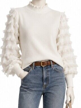 Women's Sioni Milano White Ruffle Sleeve Mock Neck Sweater M